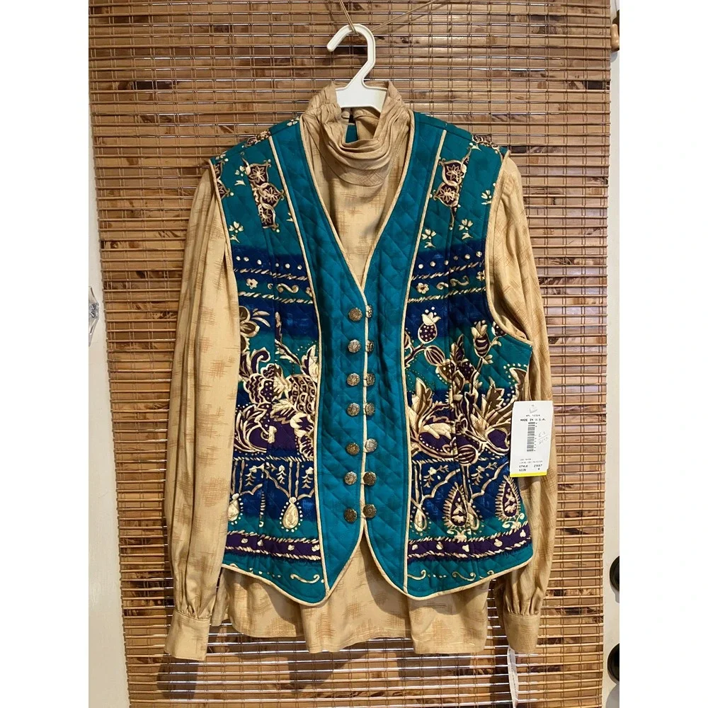 Howard Wolf Vintage 3-Piece Set Teal Gold Paisley‎ Quilted Vest Skirt Blouse 12